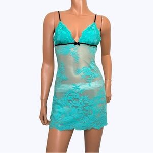 Victoria’s Secret Turquoise Lace Mesh Babydoll Slip Dress M Y2K, Indie Sleaze